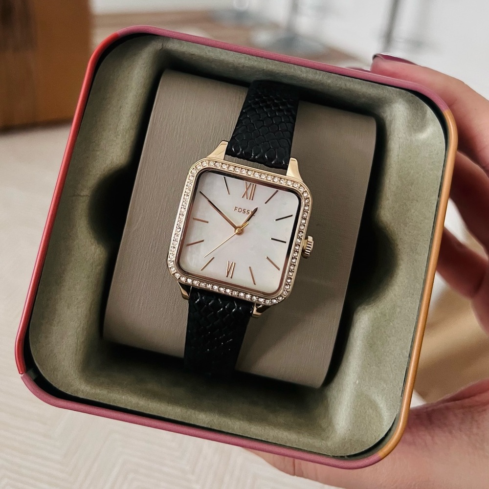 Fossil gold dial black strap watch new with tags